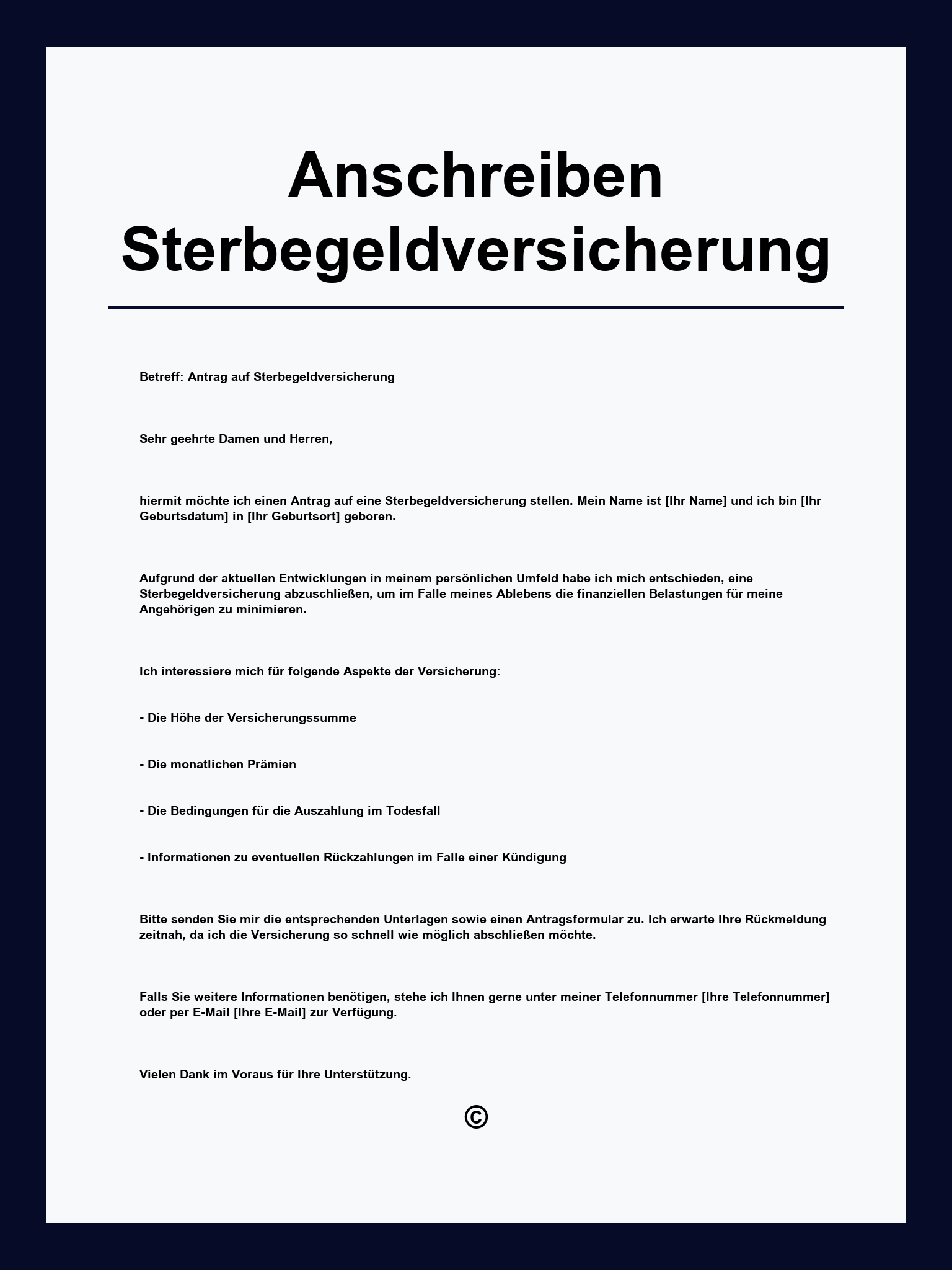 Anschreiben Sterbegeldversicherung Vorlage