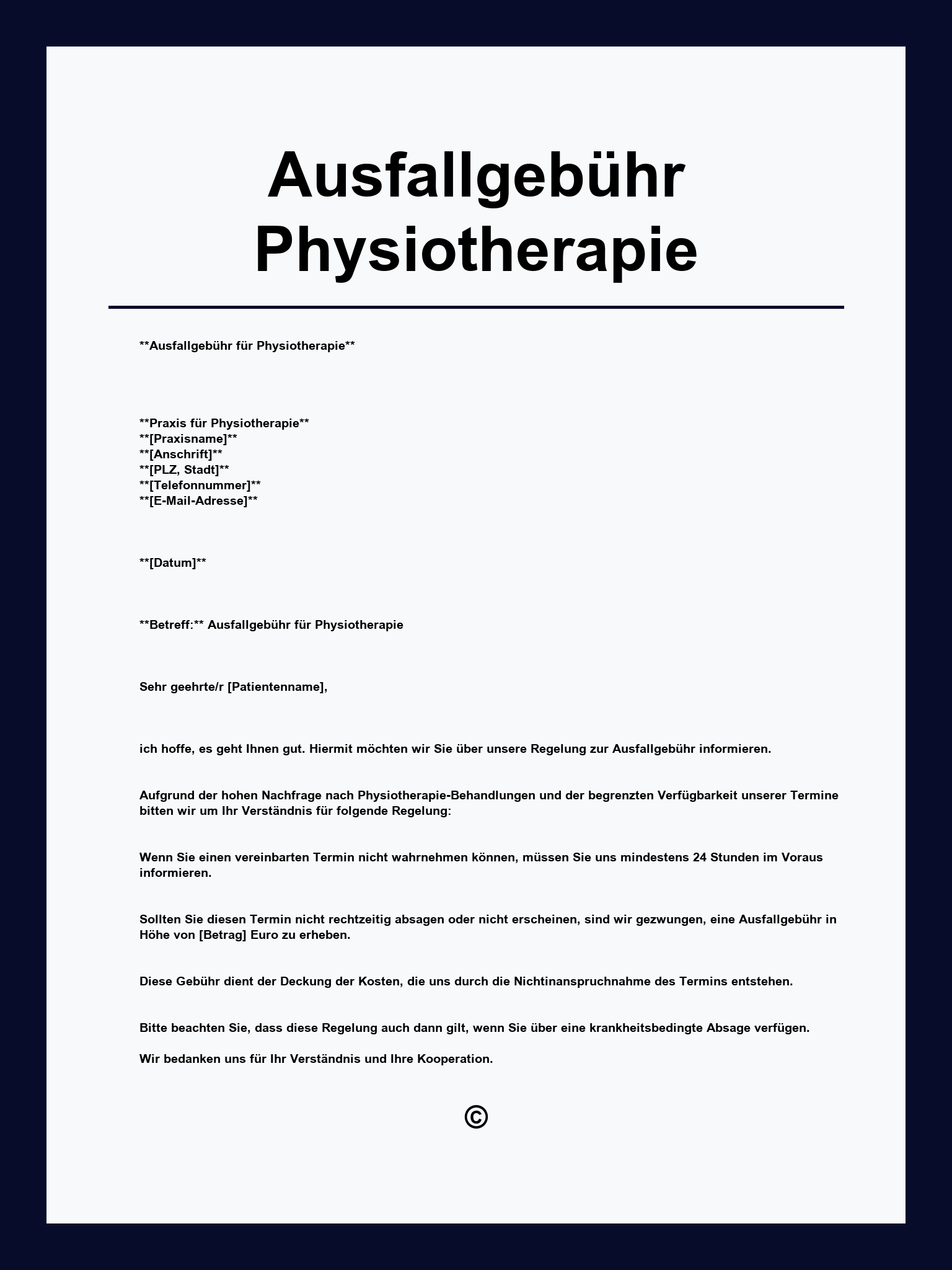 Ausfallgebühr Physiotherapie Vordruck