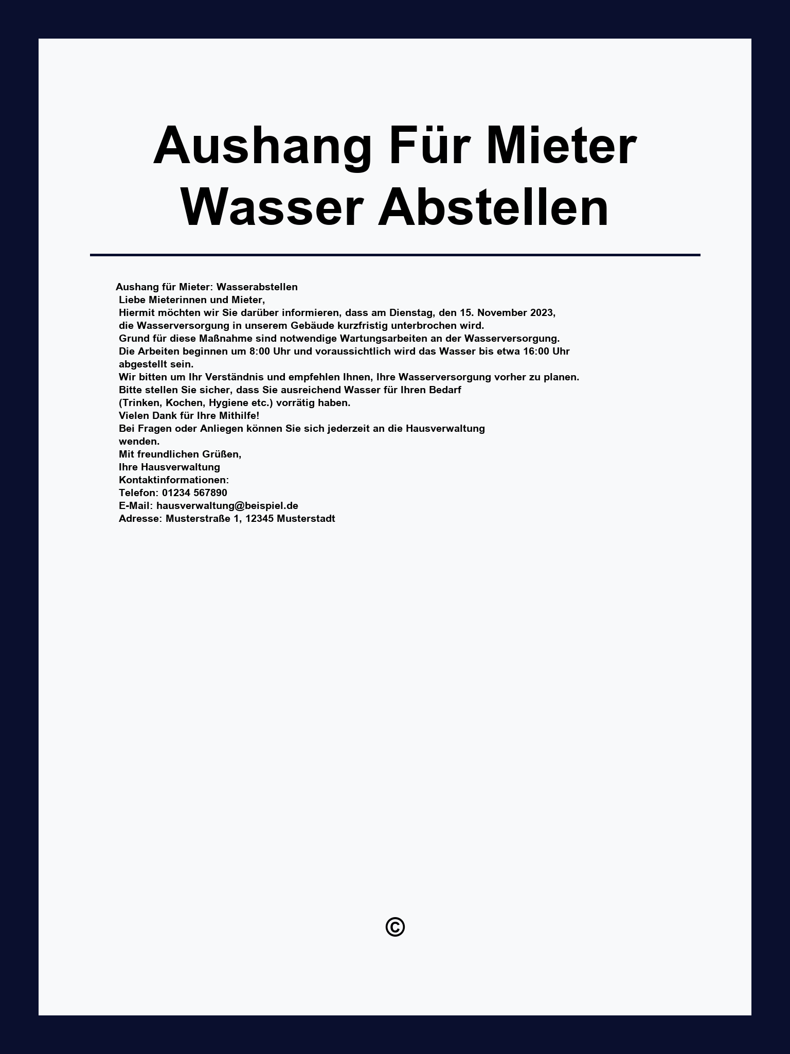 Muster Aushang Für Mieter Wasser Abstellen
