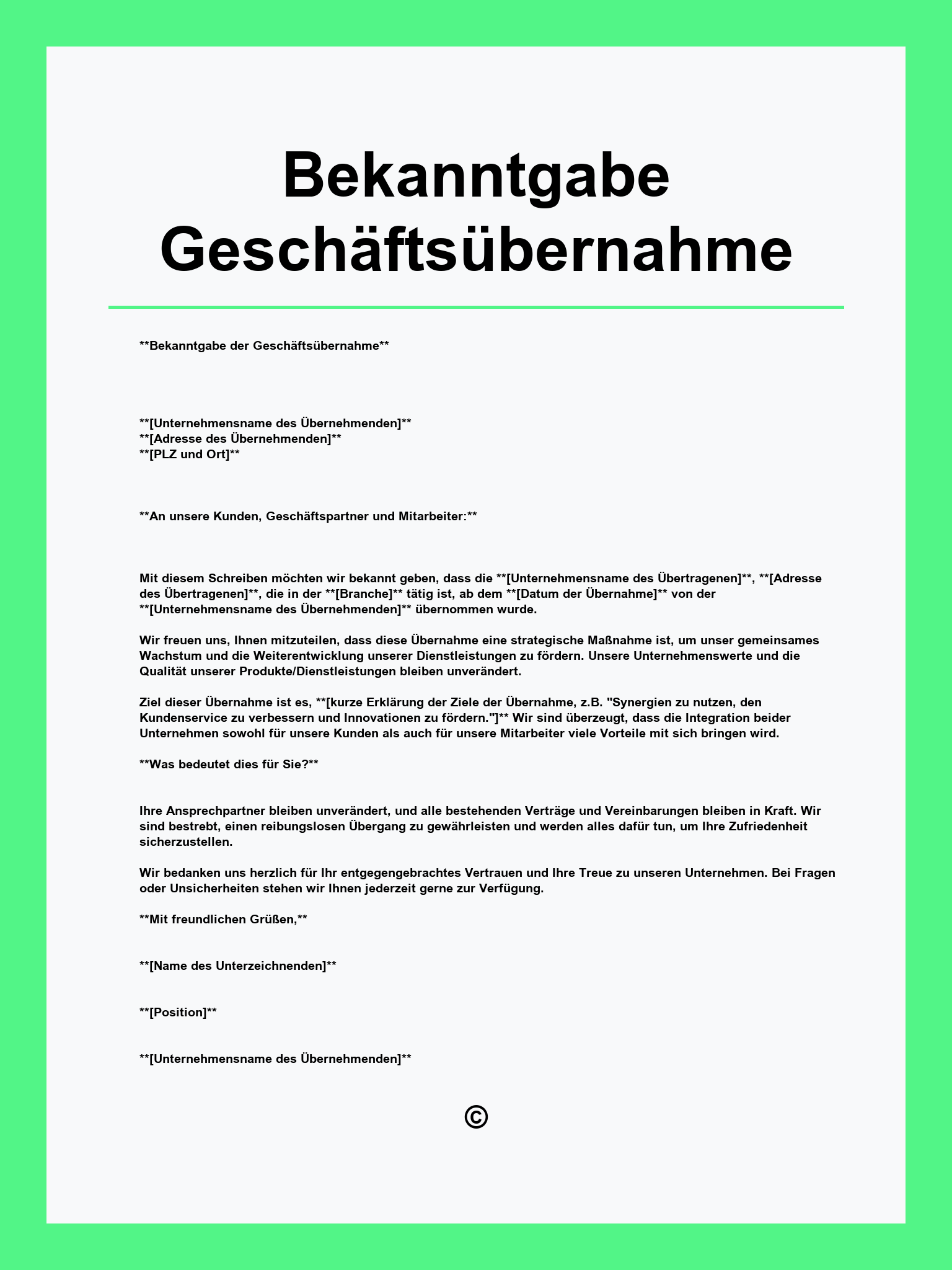 Bekanntgabe Geschäftsübernahme