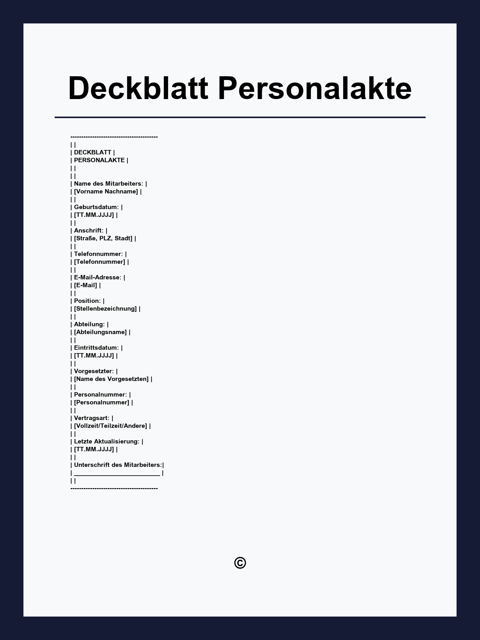 Deckblatt Personalakte Vorlage