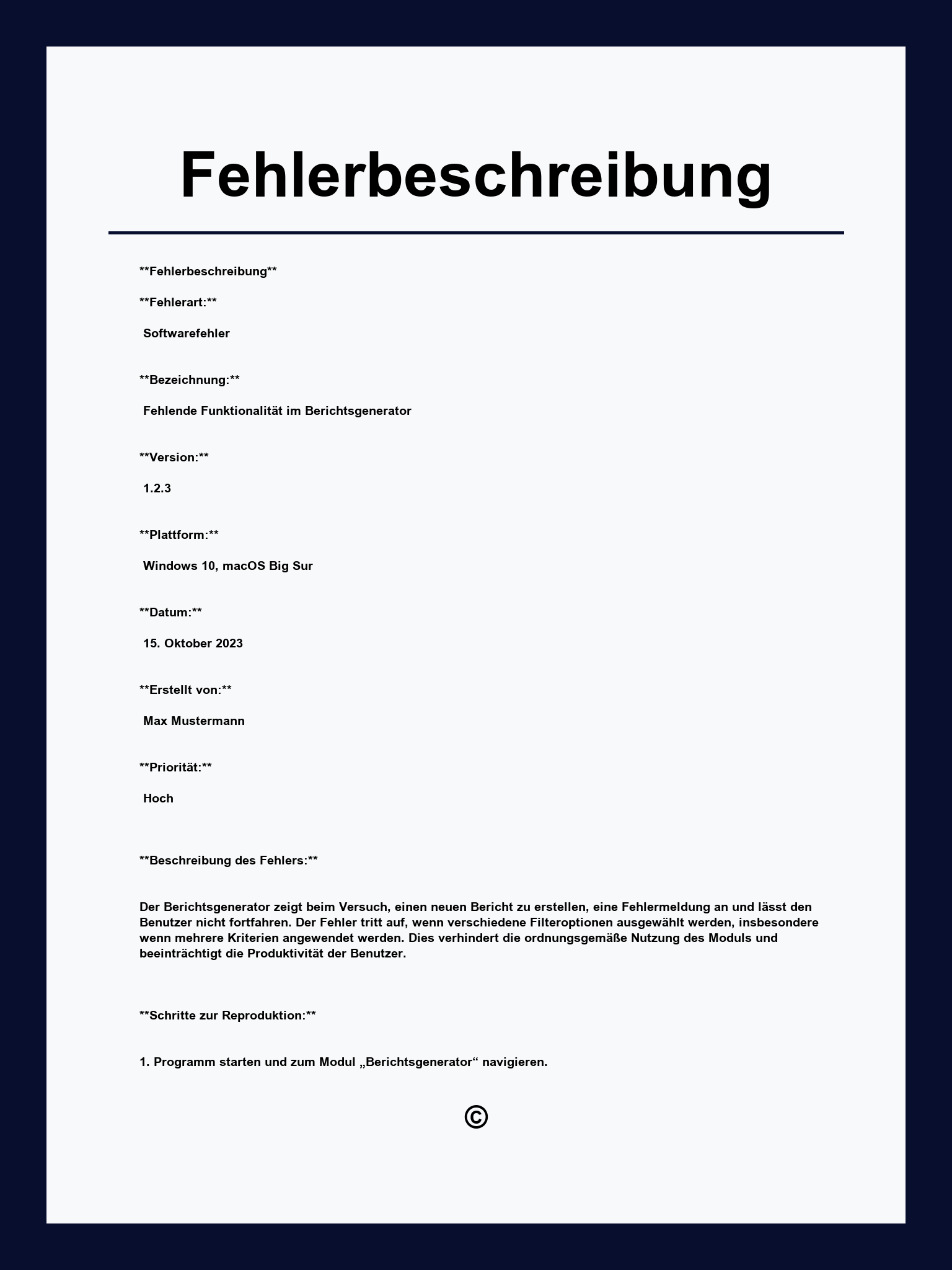Fehlerbeschreibung Vorlage
