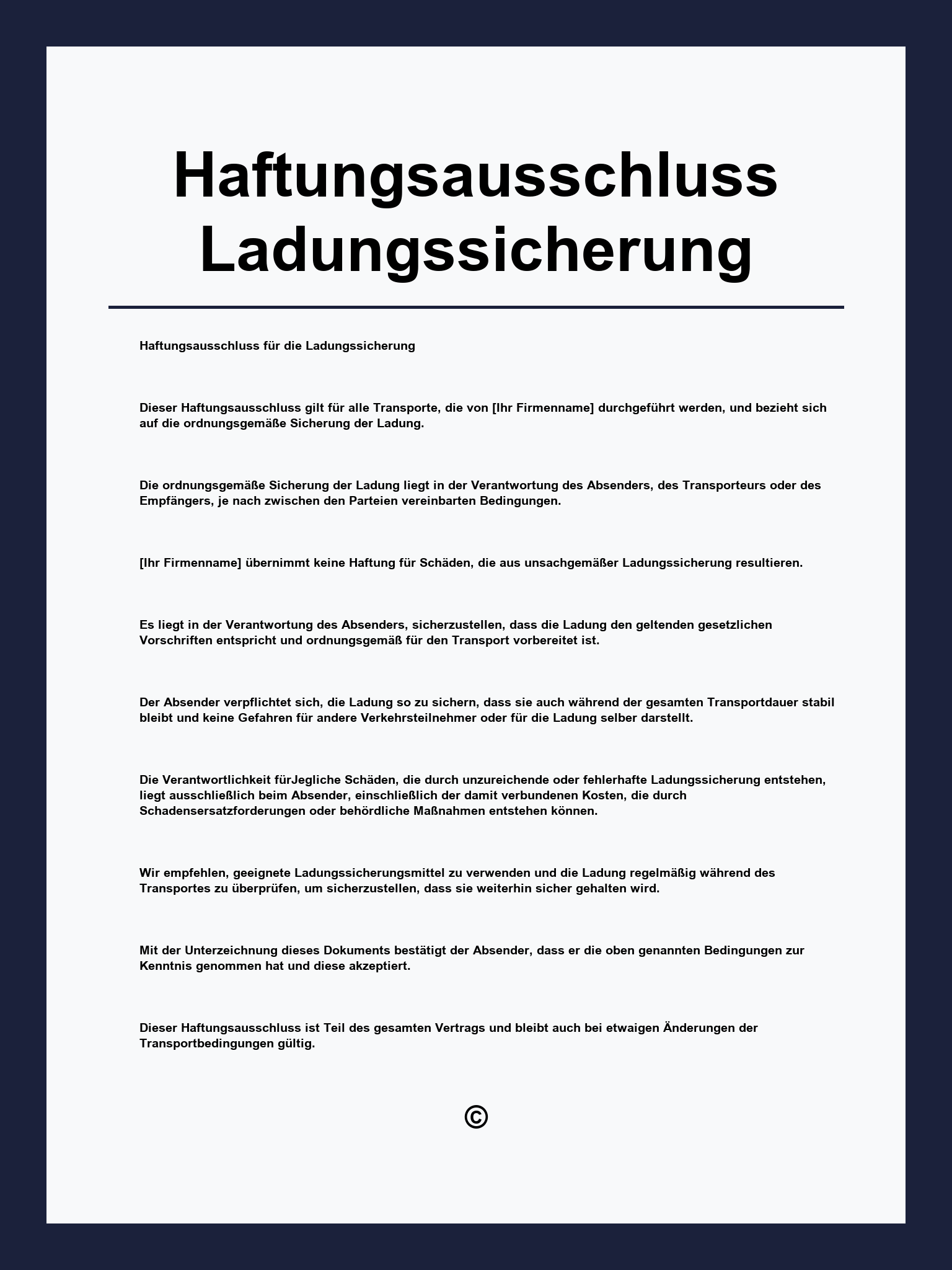 Vordruck Haftungsausschluss Ladungssicherung