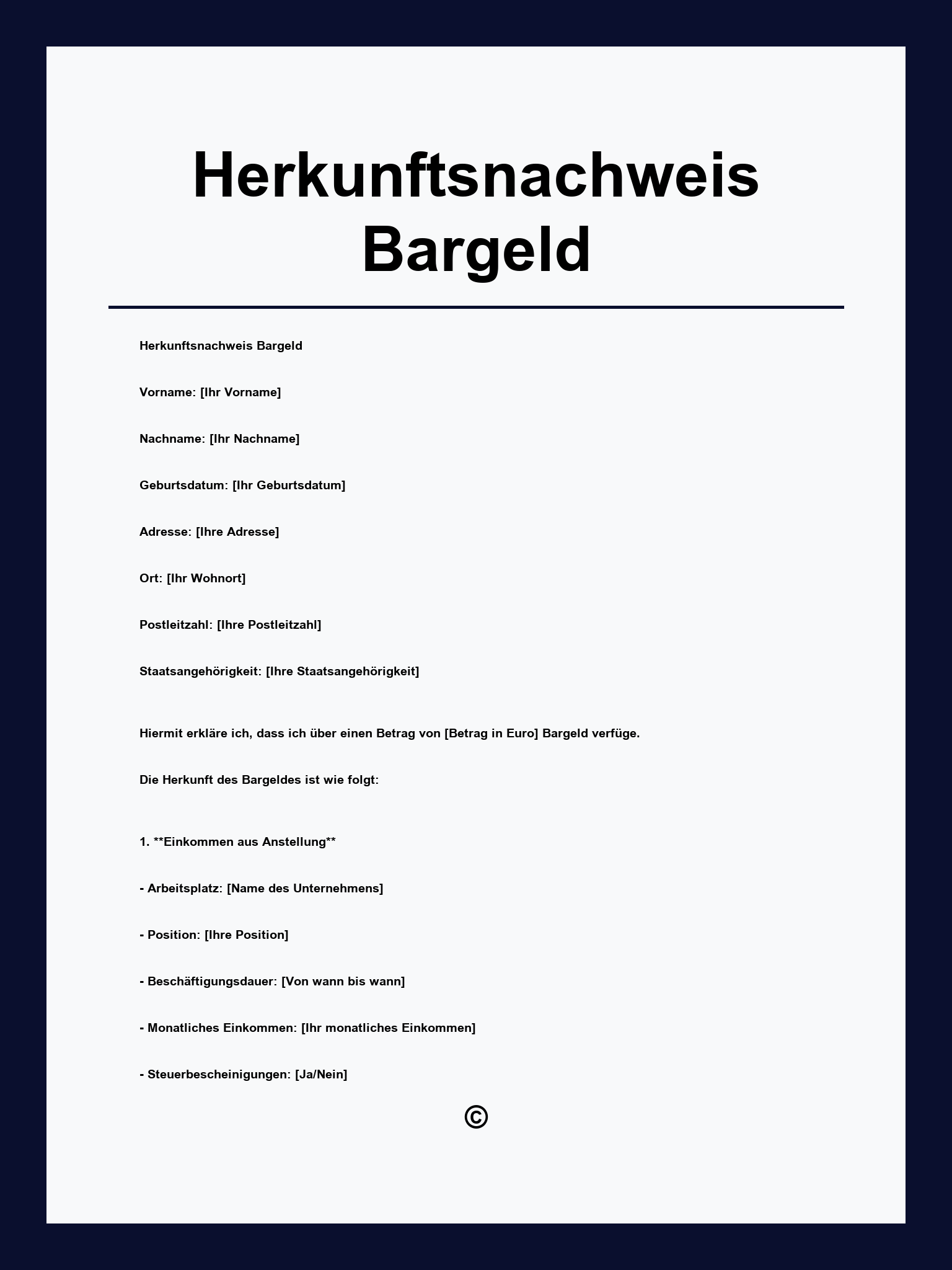 Herkunftsnachweis Bargeld Vorlage