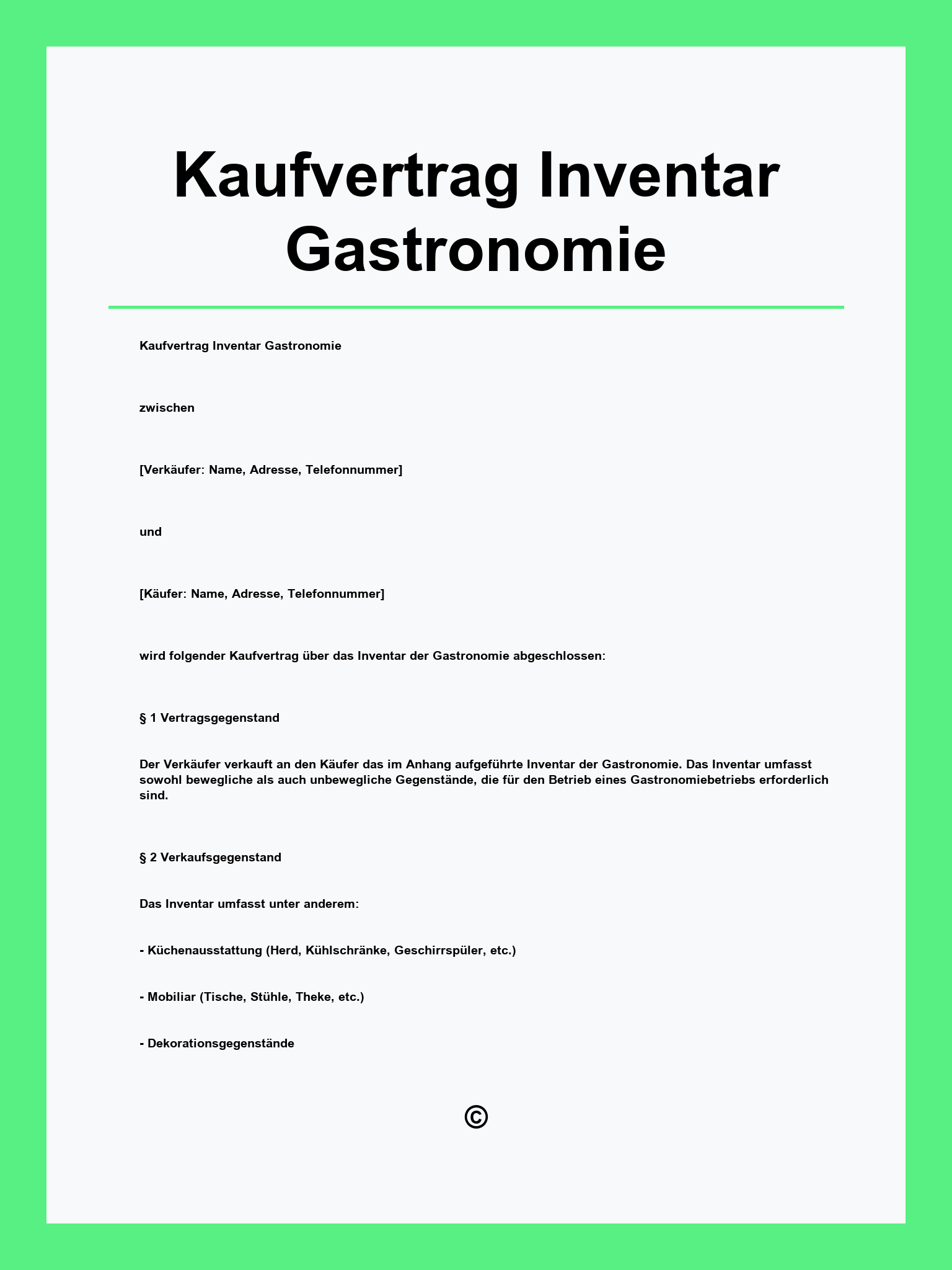Kaufvertrag Inventar Gastronomie Muster