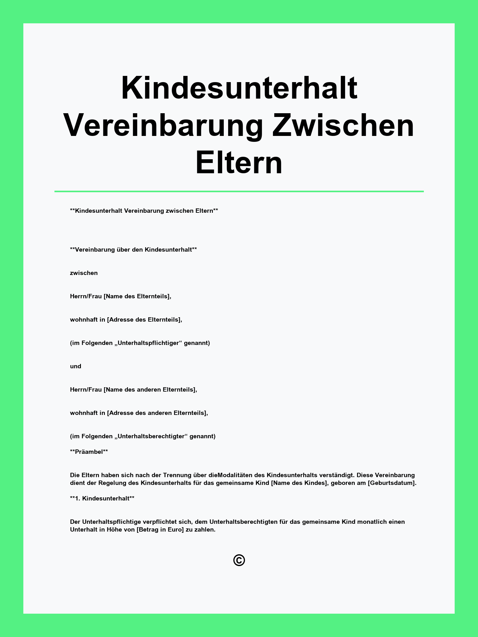 Kindesunterhalt Vereinbarung Zwischen Eltern Vorlage