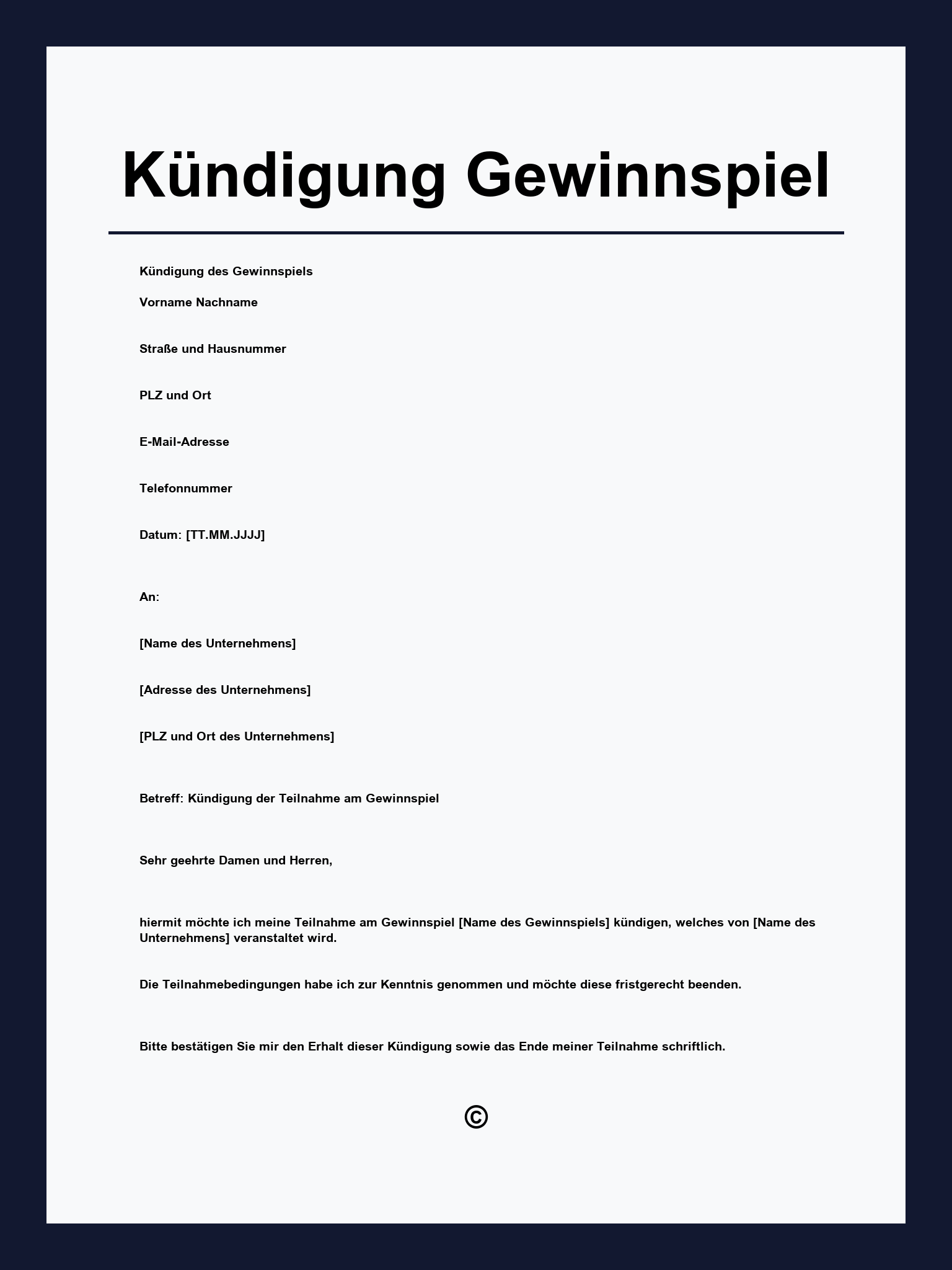 Kündigung Gewinnspiel Vorlage