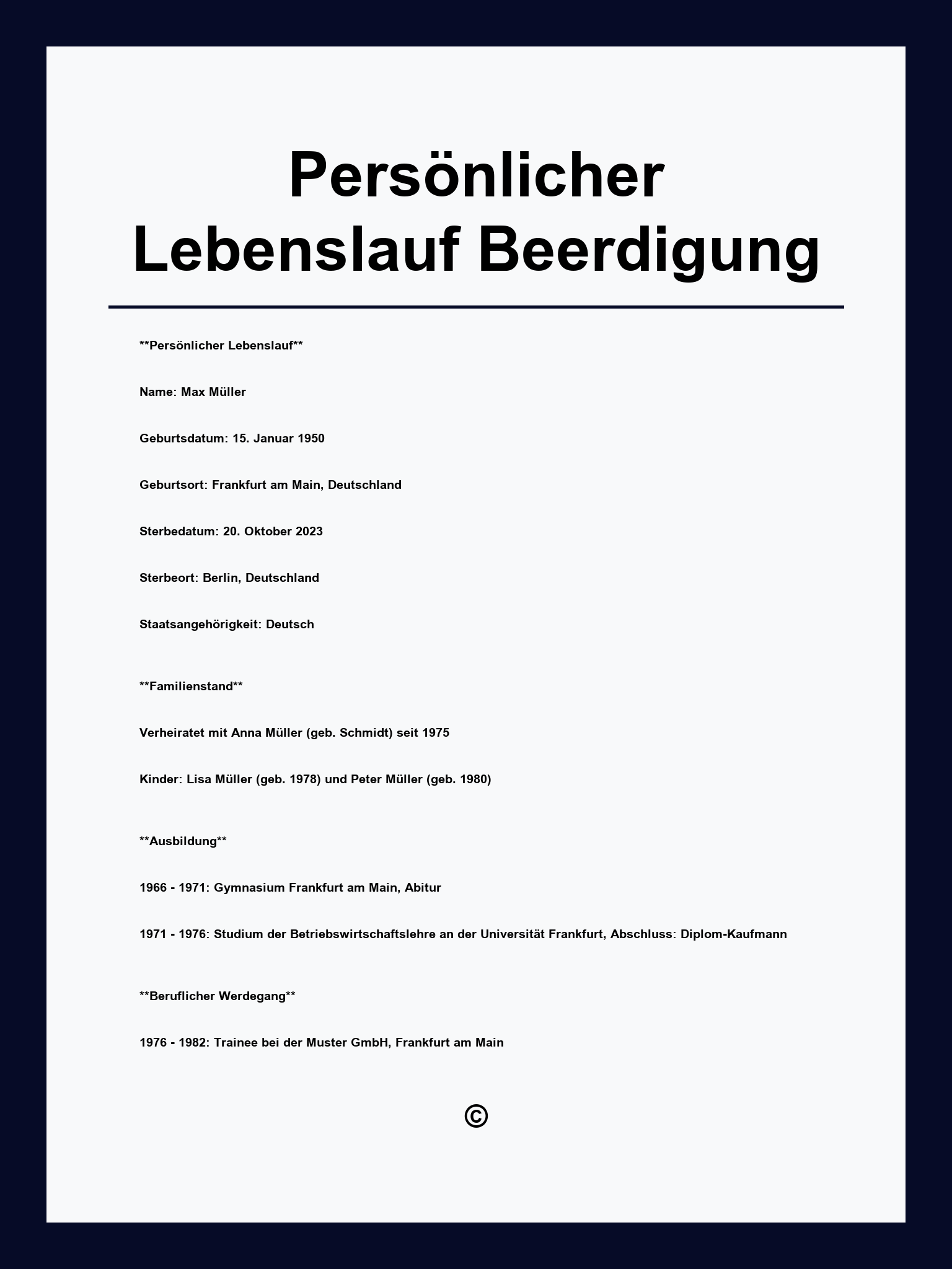 Persönlicher Lebenslauf Beerdigung Muster