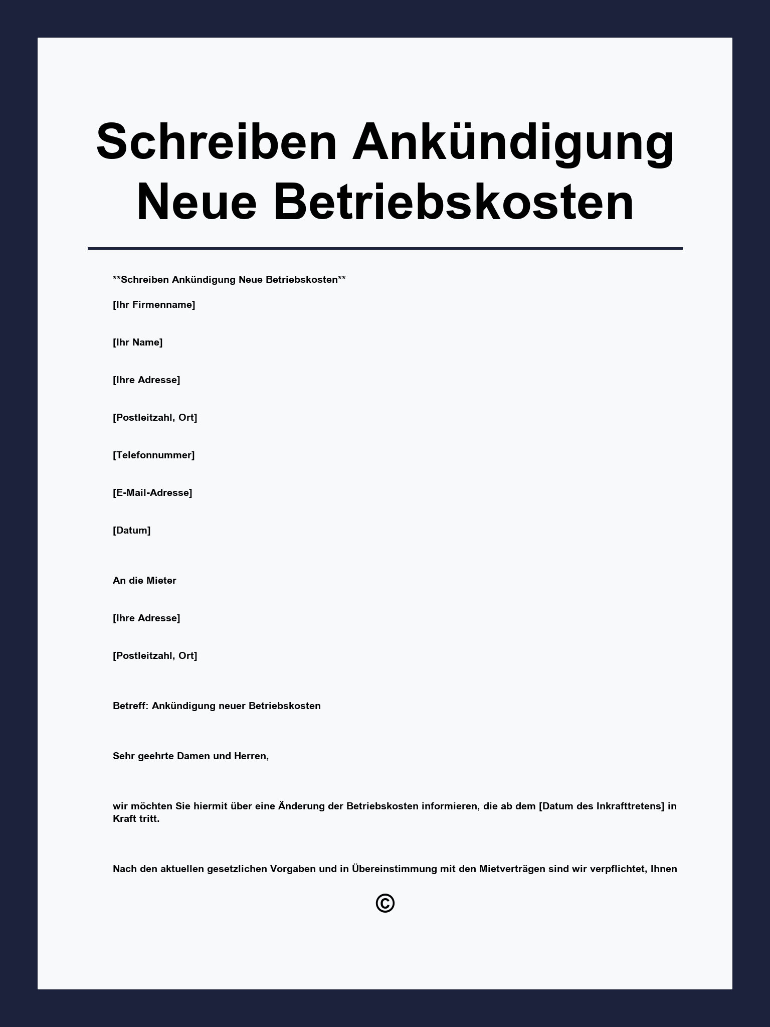 Musterschreiben Ankündigung Neue Betriebskosten
