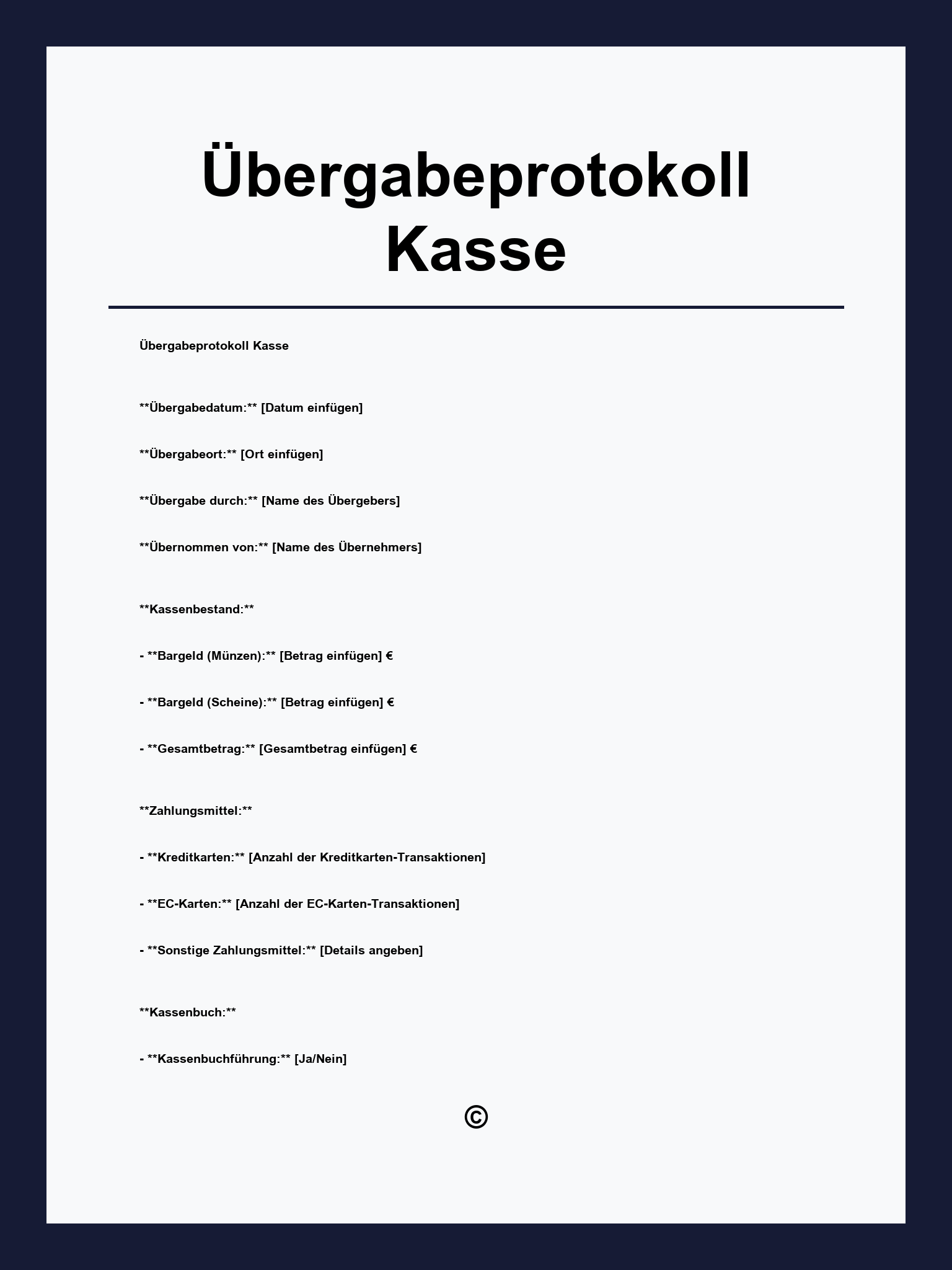 Übergabeprotokoll Kasse